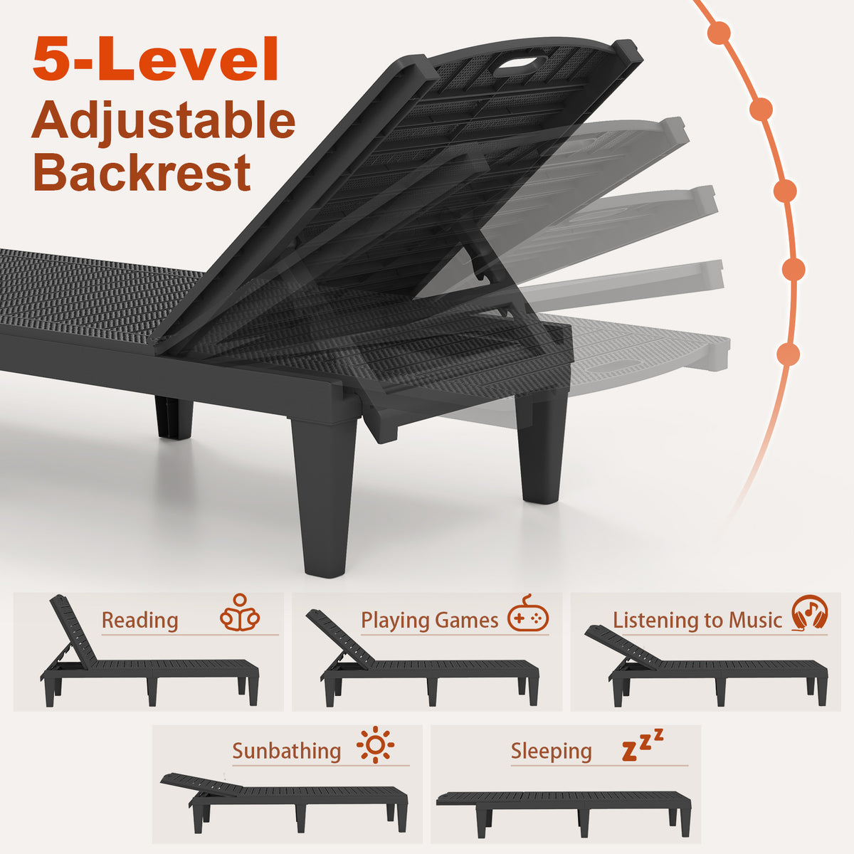 Outdoor PP Chaise Lounge Chairs Set of 2, 4-Position Adjustable – Black