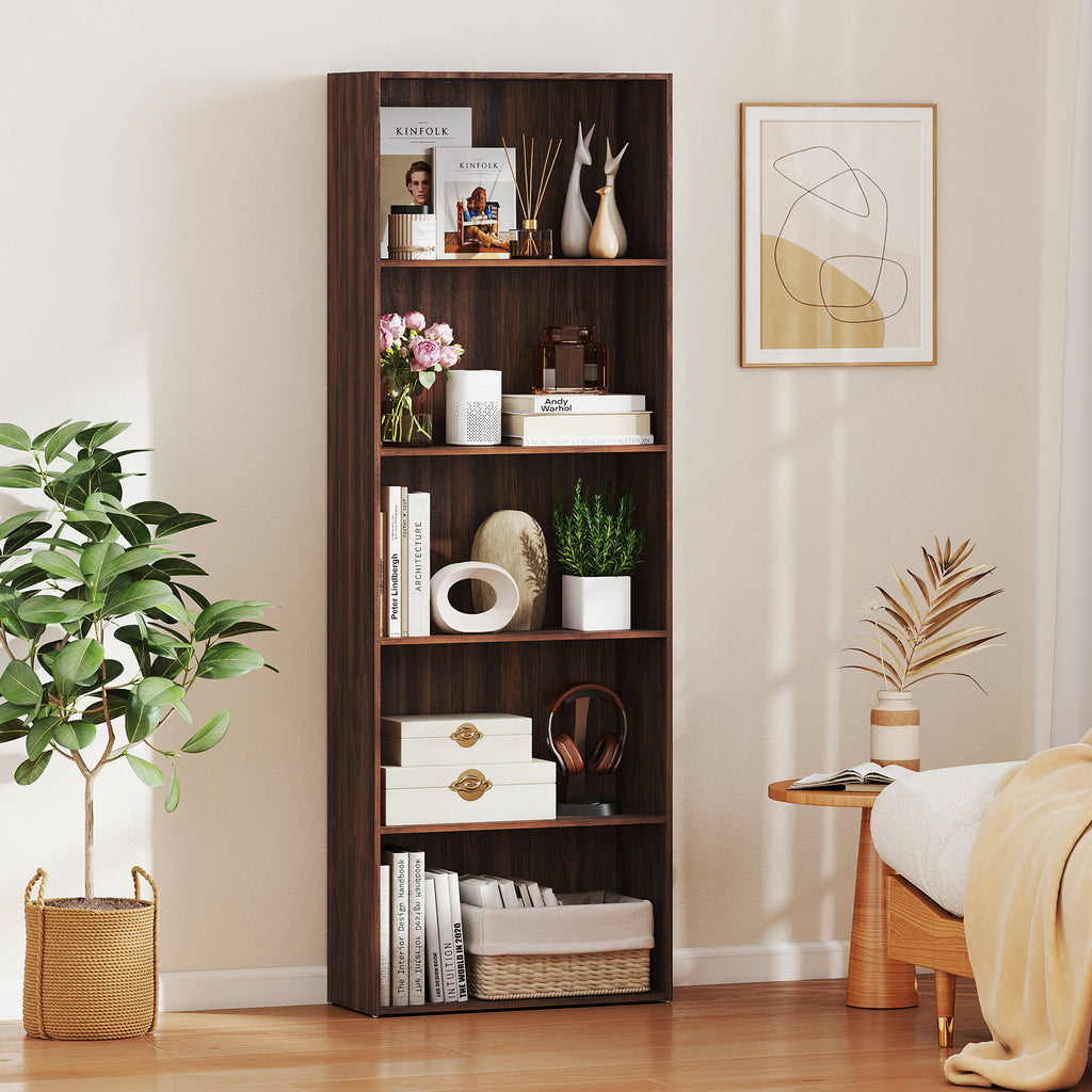 5-Shelf Walnut Wood Bookcase for Home Office