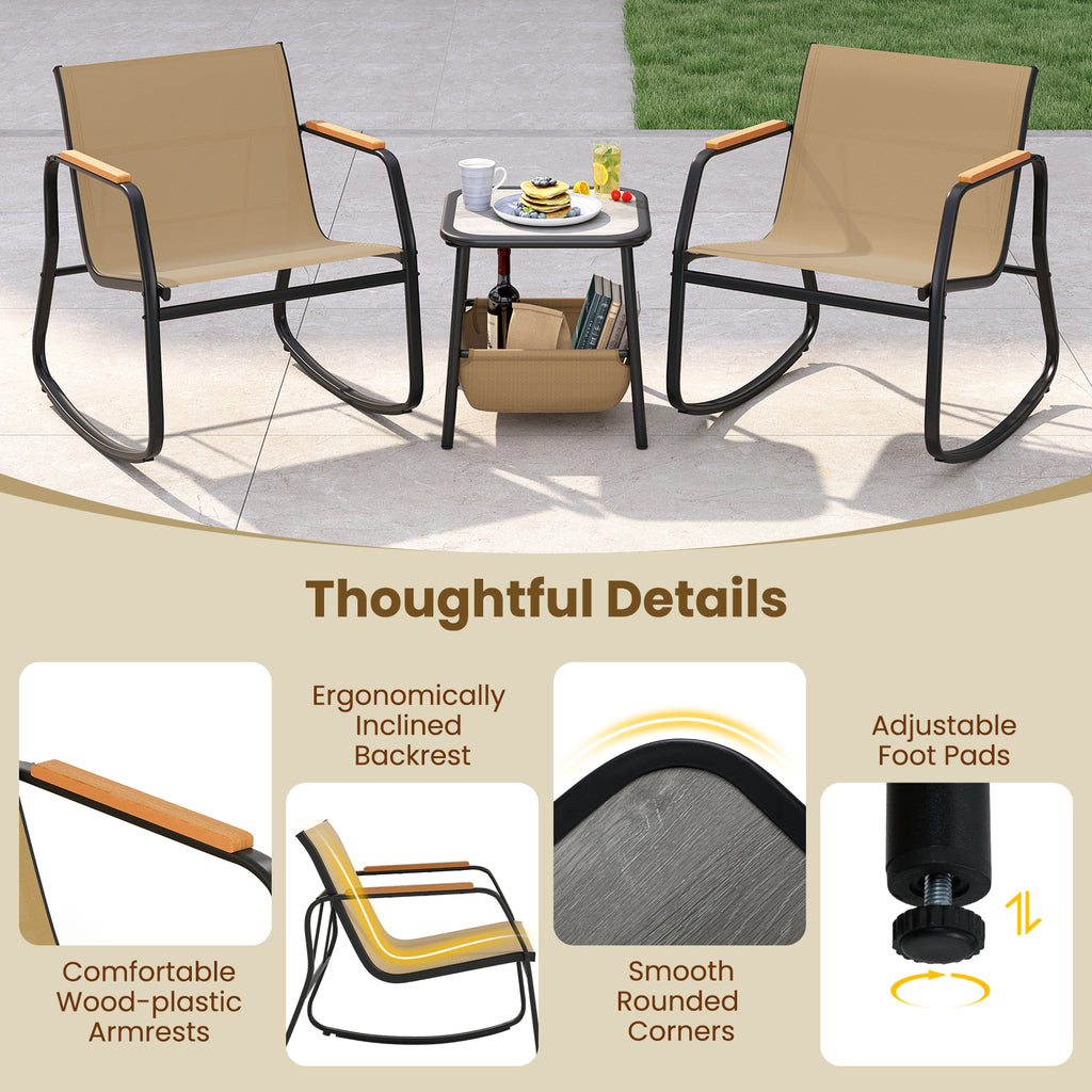 3 Piece Rocking Bistro Chairs and Side Table Set with Storage Bag