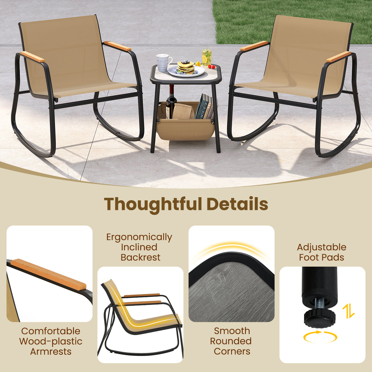 3 Piece Rocking Bistro Chairs and Side Table Set with Storage Bag