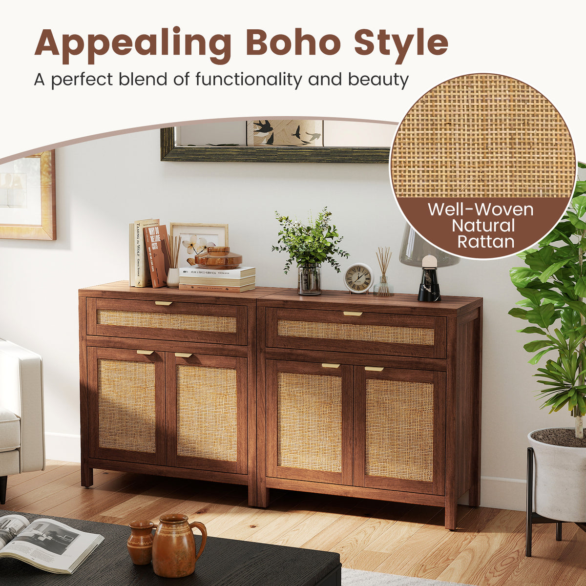 Sideboard Storage Cabinet with Rattan Doors and Large Drawer - Brown