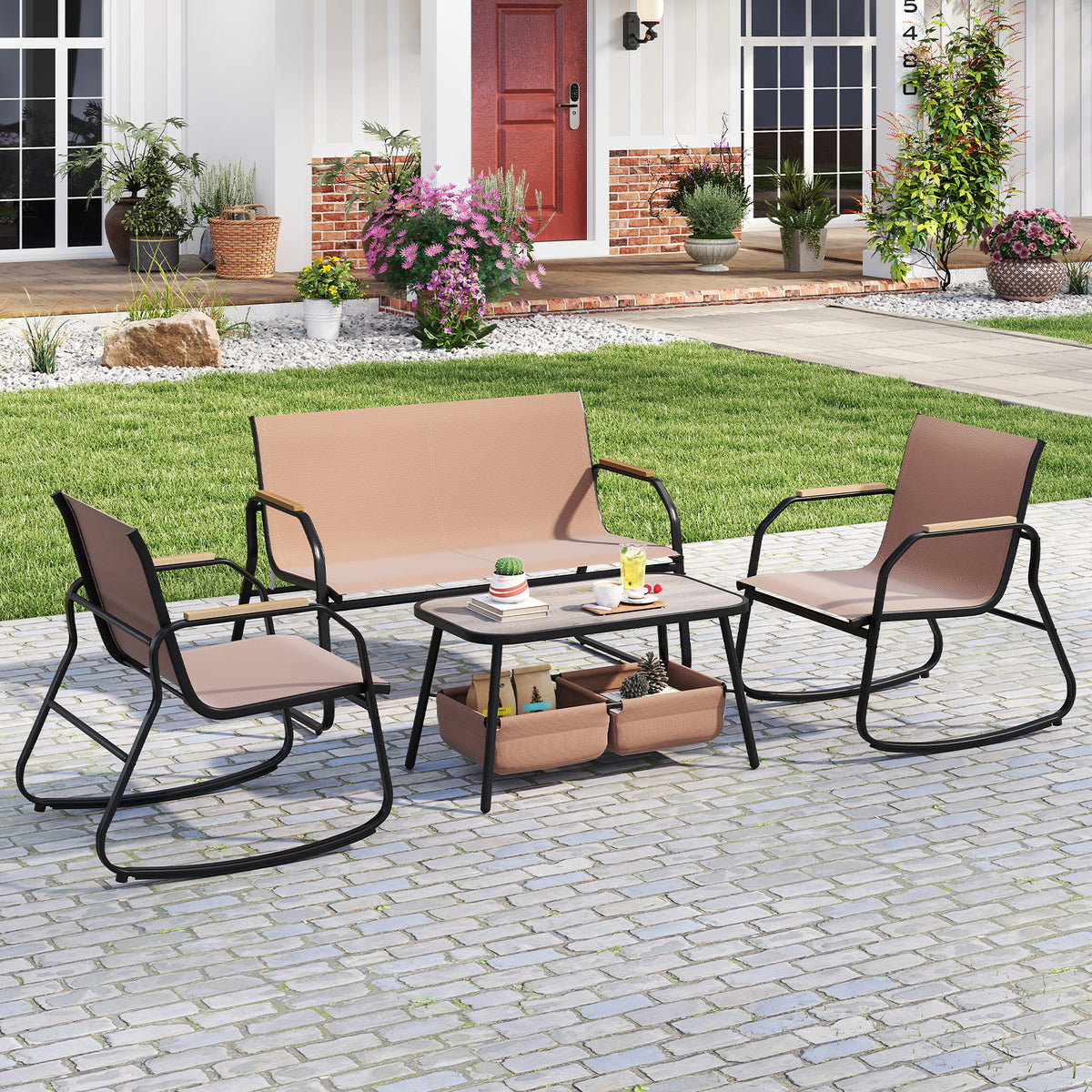 4-Piece Patio Rocking Chair Set with Coffee Table - Coffee