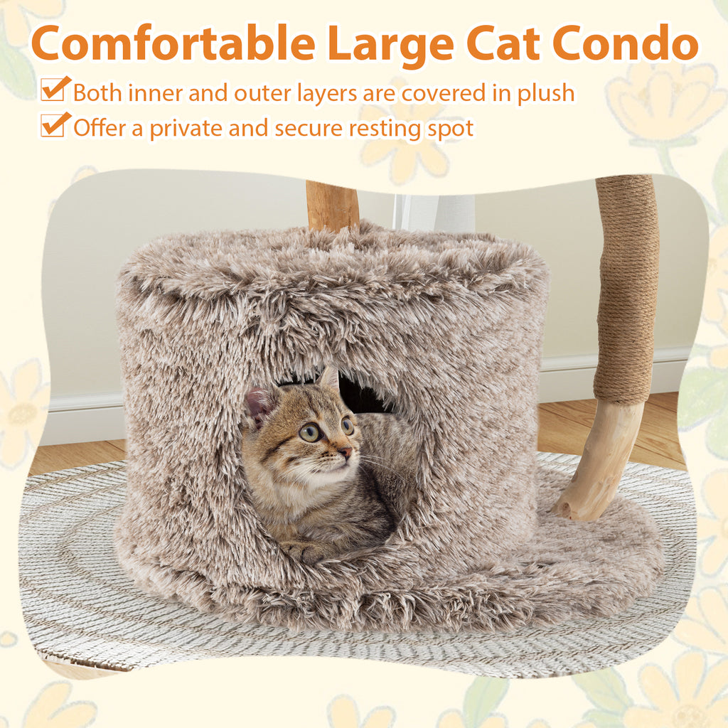 Wood Cat Tree Solid Pear Cat Tower with Perch & Sisal Posts - Brown