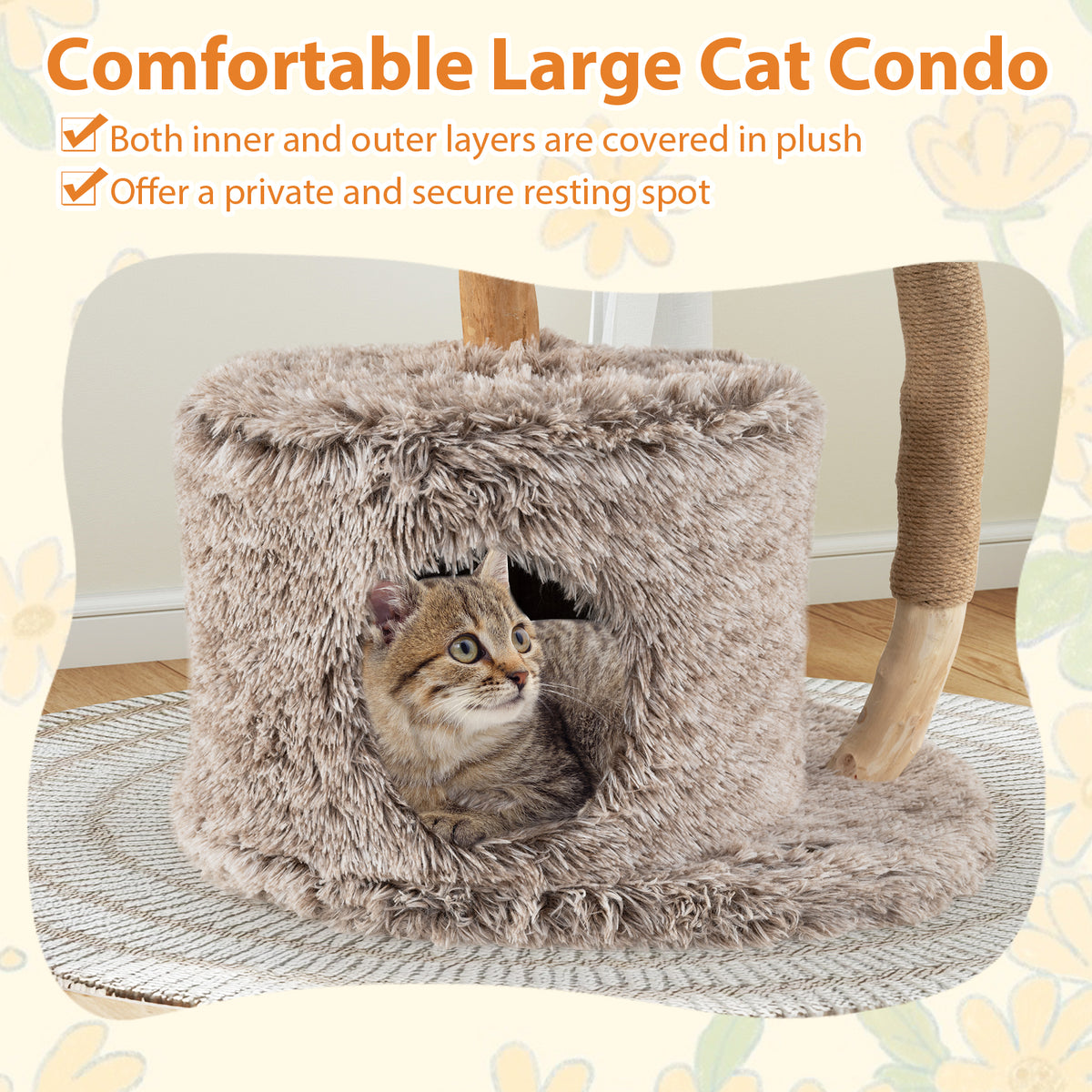 Wood Cat Tree Solid Pear Cat Tower with Perch & Sisal Posts - Brown