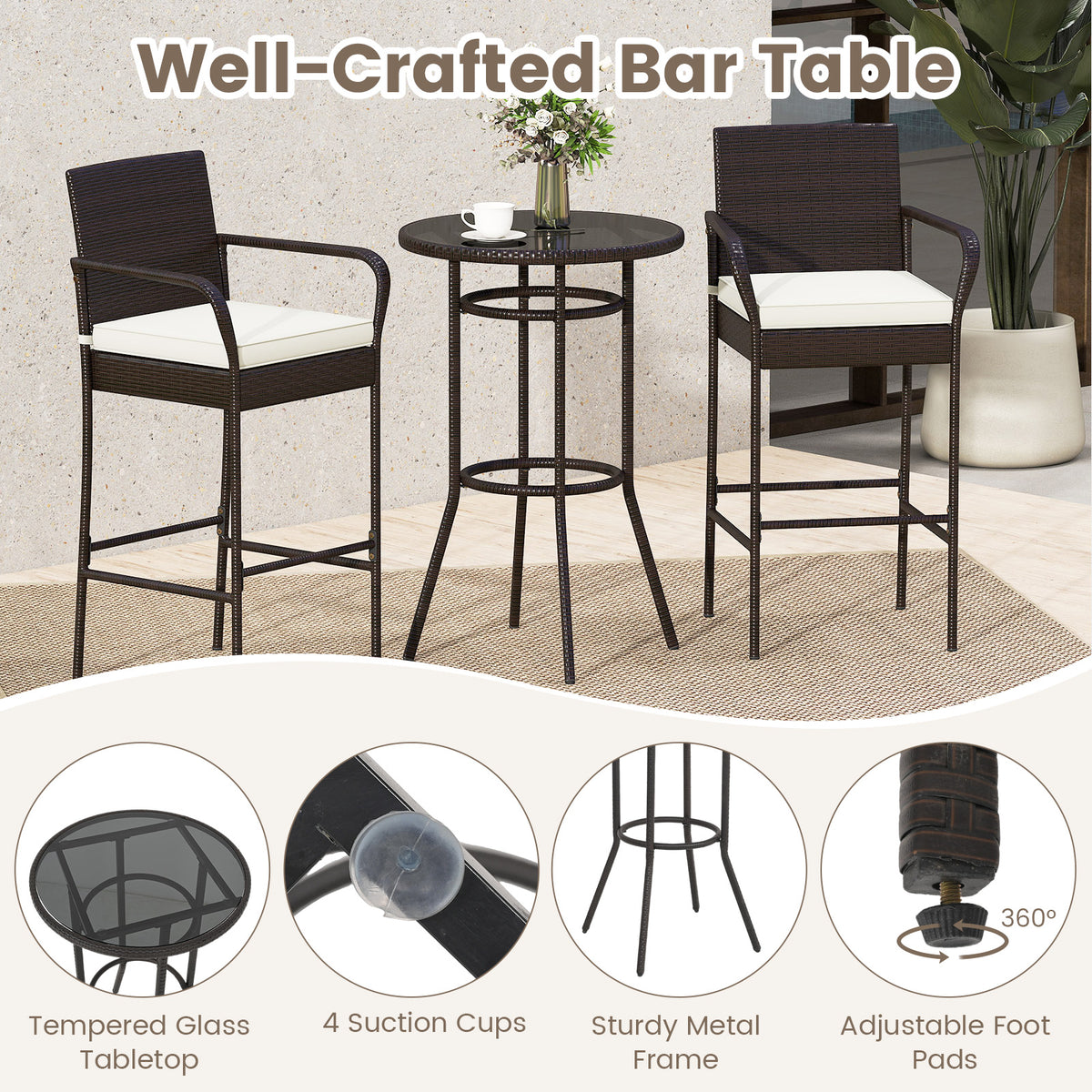 Patio Rattan Bar Height Table and Chairs with 2 Seat Cushions for