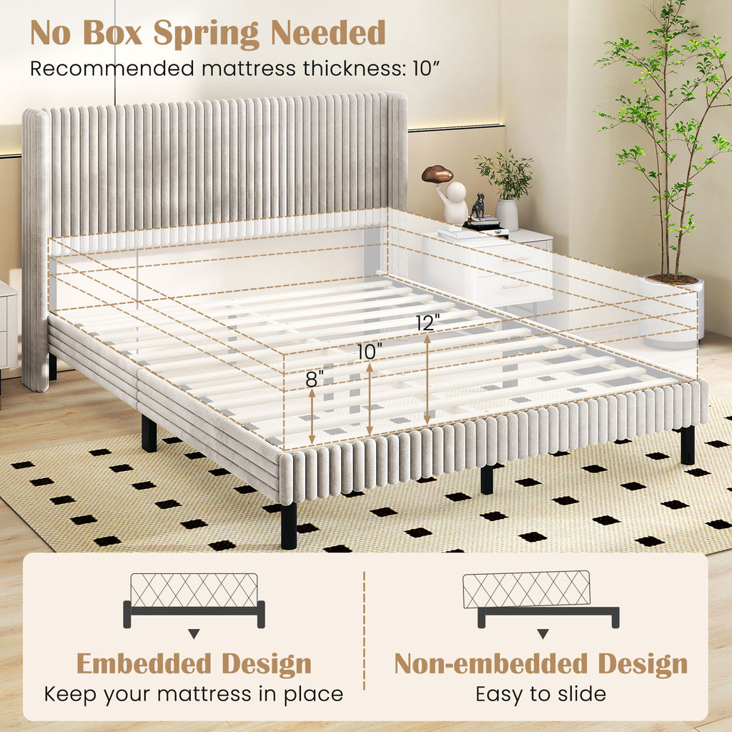 Queen Size Velvet Bed Frame with Wingback Headboard - White