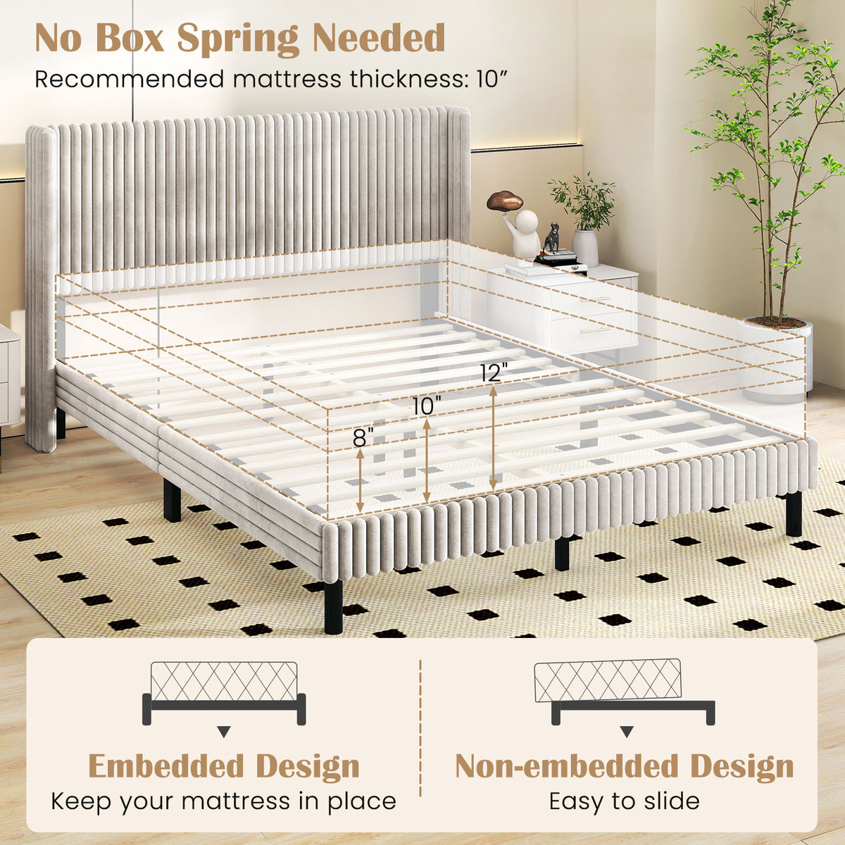 Queen Size Velvet Bed Frame with Wingback Headboard - White