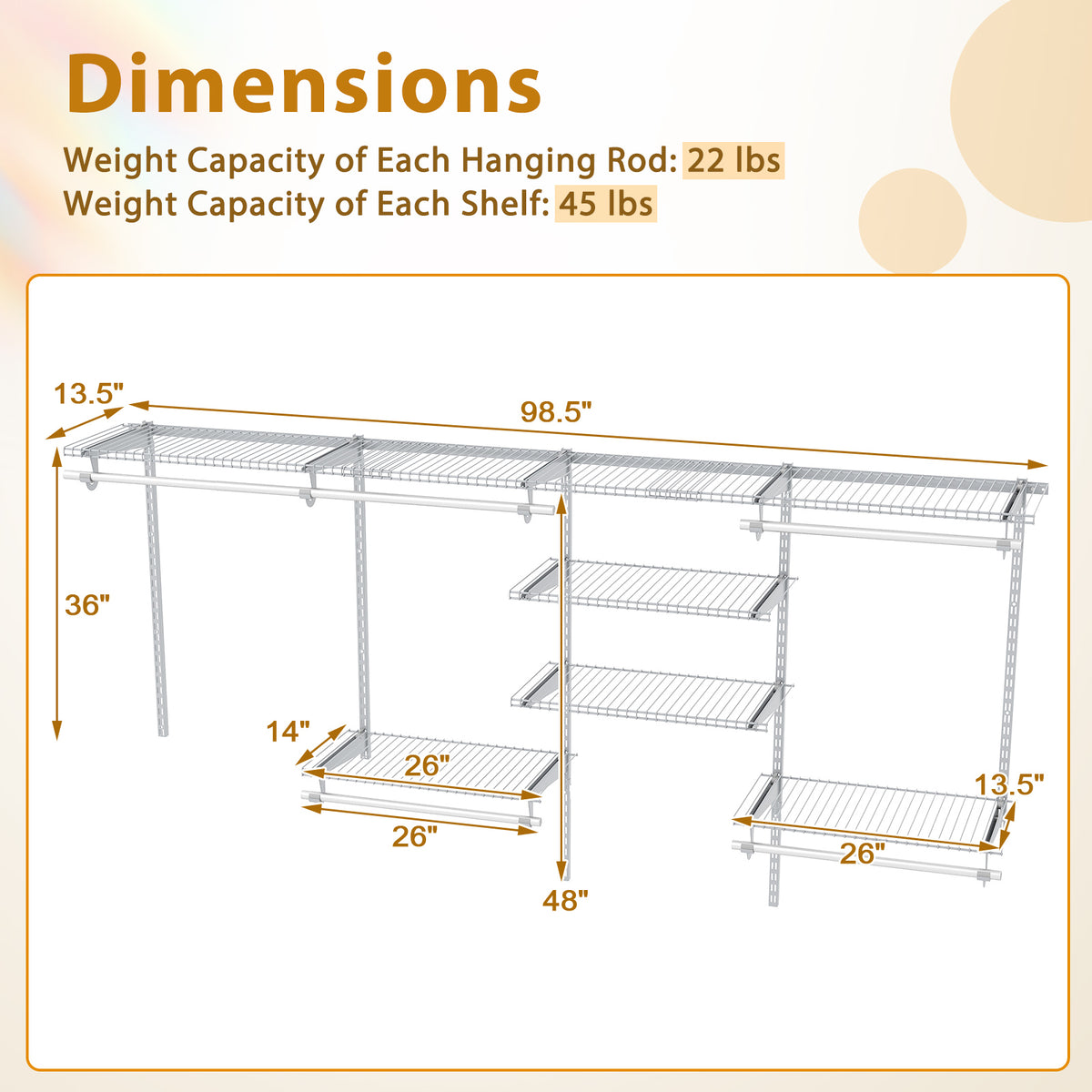 4-8 Feet Closet Organizers and Storage System with Hanging Rod for