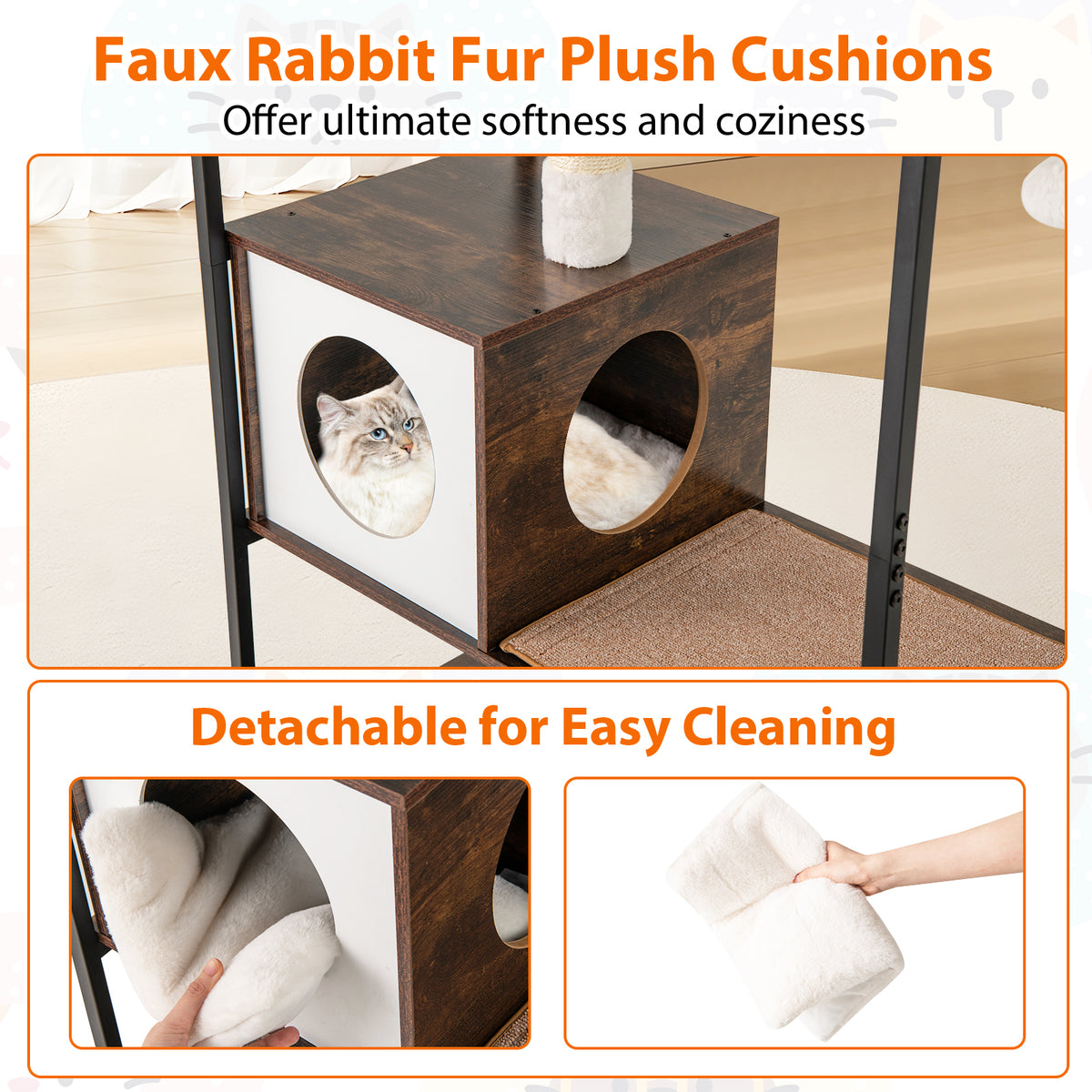 Wooden Cat Tree Tower with 2 Condos & Cushions - Style 2, Coffee
