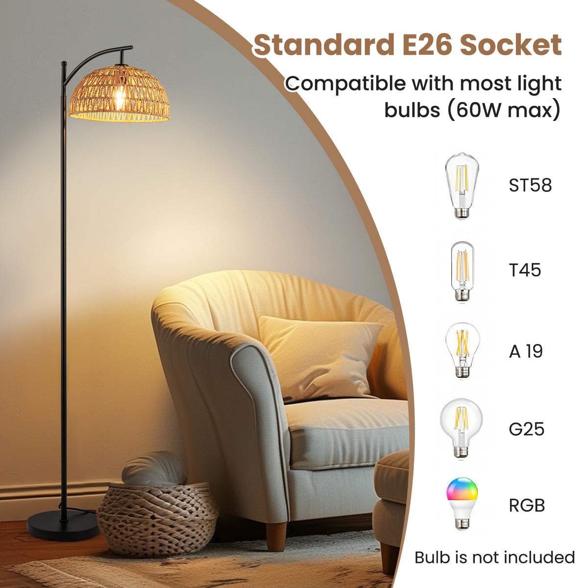 Black Arc Floor Lamp 63 Inches Tall with Hanging Lampshade - Modern Pole Light