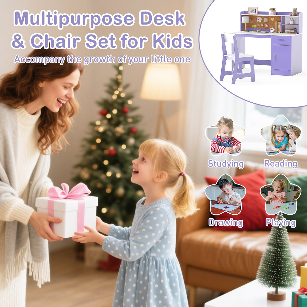 Kids Activity Study Desk and Chair Set, Purple - Childrens Learning Table with Shelves & Cork Board
