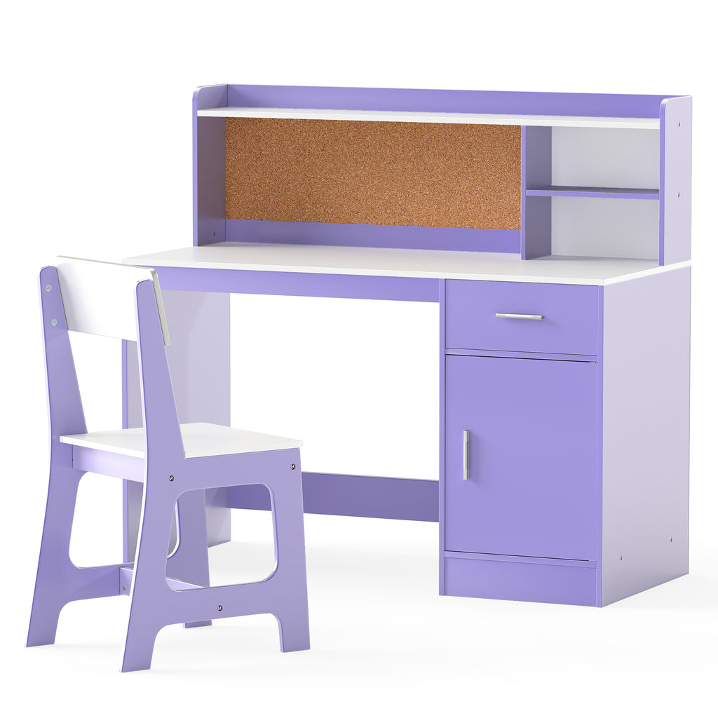 Kids Activity Study Desk and Chair Set, Purple - Childrens Learning Table with Shelves & Cork Board