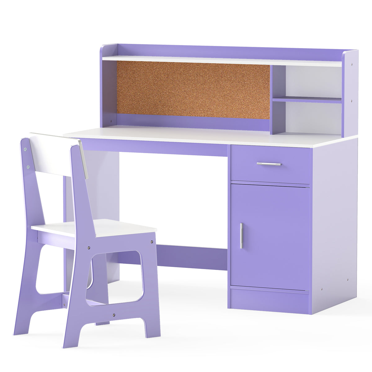 Kids Activity Study Desk and Chair Set, Purple - Childrens Learning Table with Shelves & Cork Board