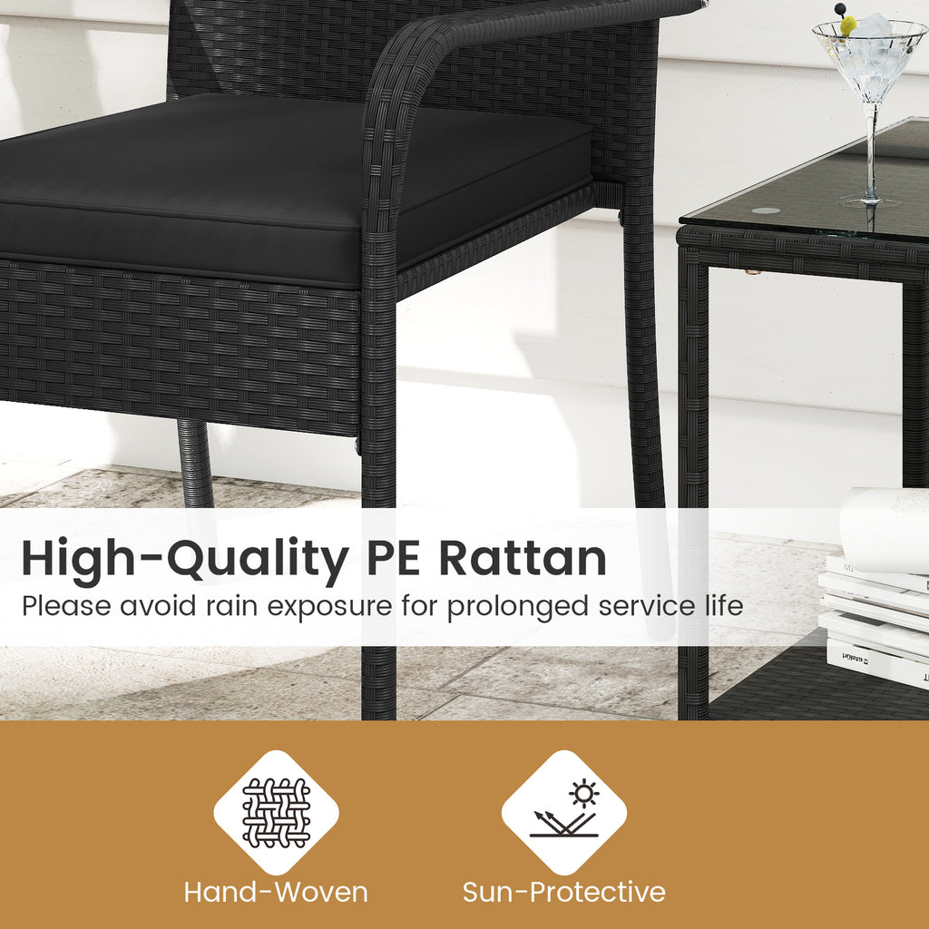 3 Piece Patio Furniture Set with Seat Cushions and Tempered Glass