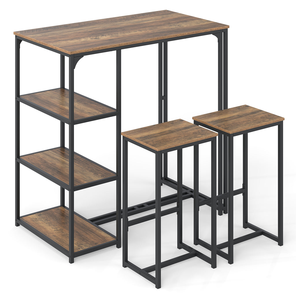 3-Piece Bar Table Set with 2 Stools, Rustic Brown