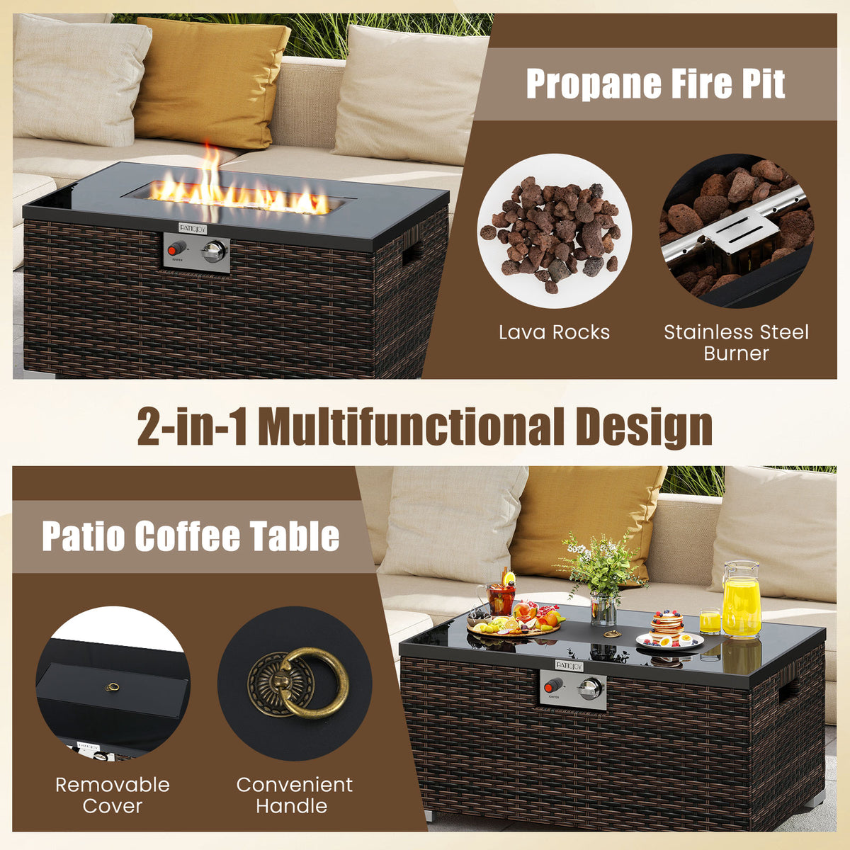 2-Piece Outdoor Rattan Fire Pit Table Set 32" - Brown