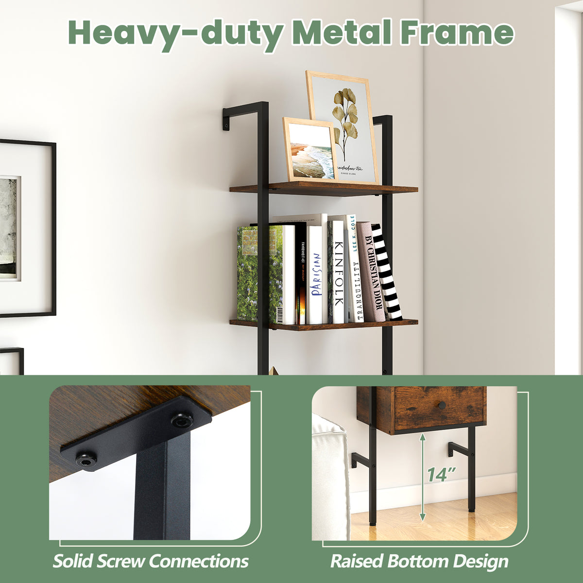 5-Tier Ladder Bookcase with Drawer & Metal Frame - Rustic Brown