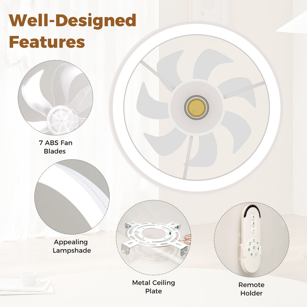 19 Inch Low Profile Ceiling Fan with Dimmable 3000-6500K LED Light - White