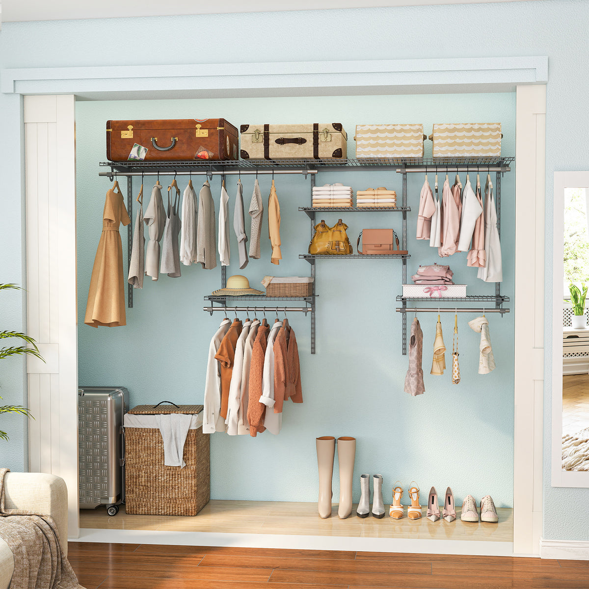 4-8 Feet Closet Organizers and Storage System with Hanging Rod for