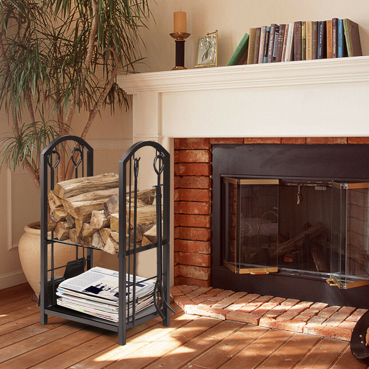Fireplace Log Rack with 4 Tools and 2 Shelves - Black