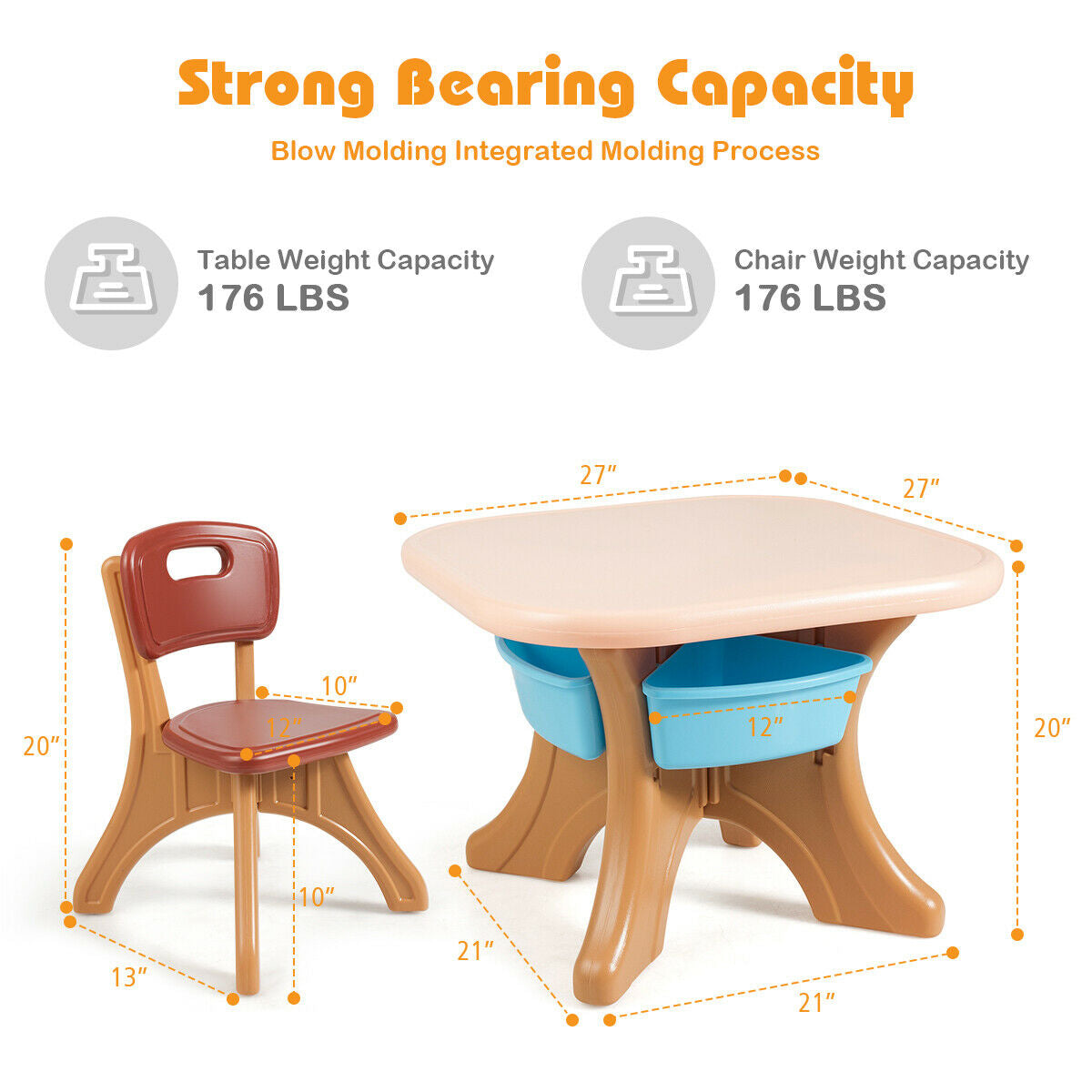 Kids Activity Table and Chair Set with Storage - Brown, Durable Plastic