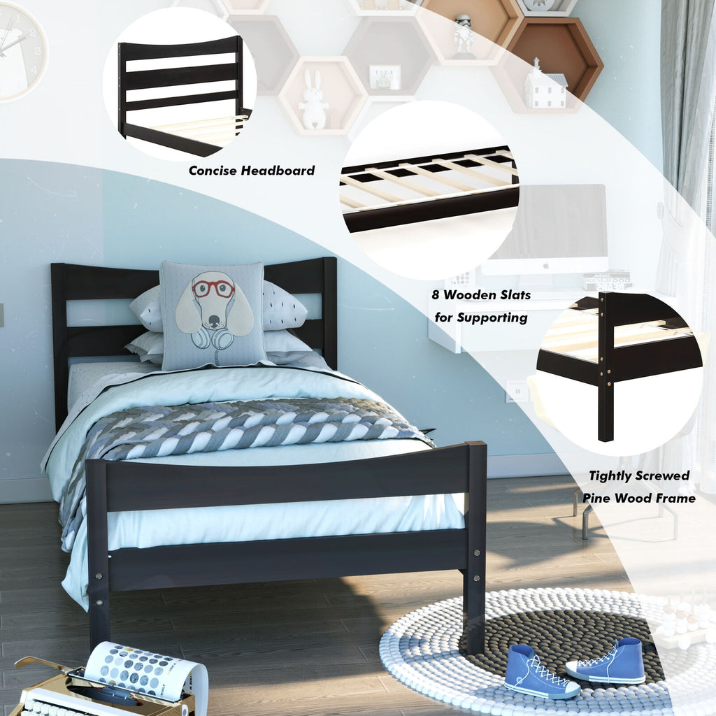 Twin Size Rustic Platform Bed Frame with Headboard - Dark Brown