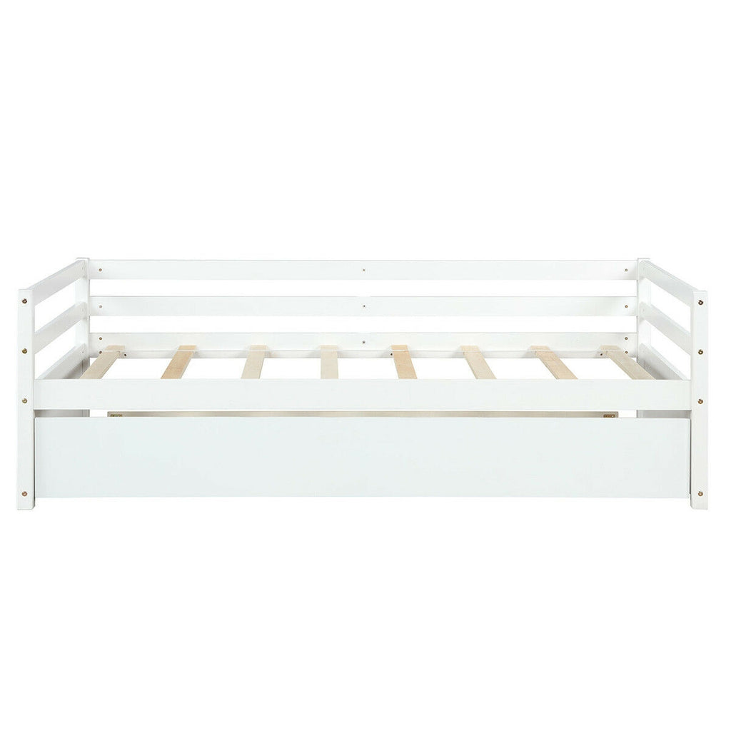 Twin Size Trundle Bed Frame with Wood Slat Support - White