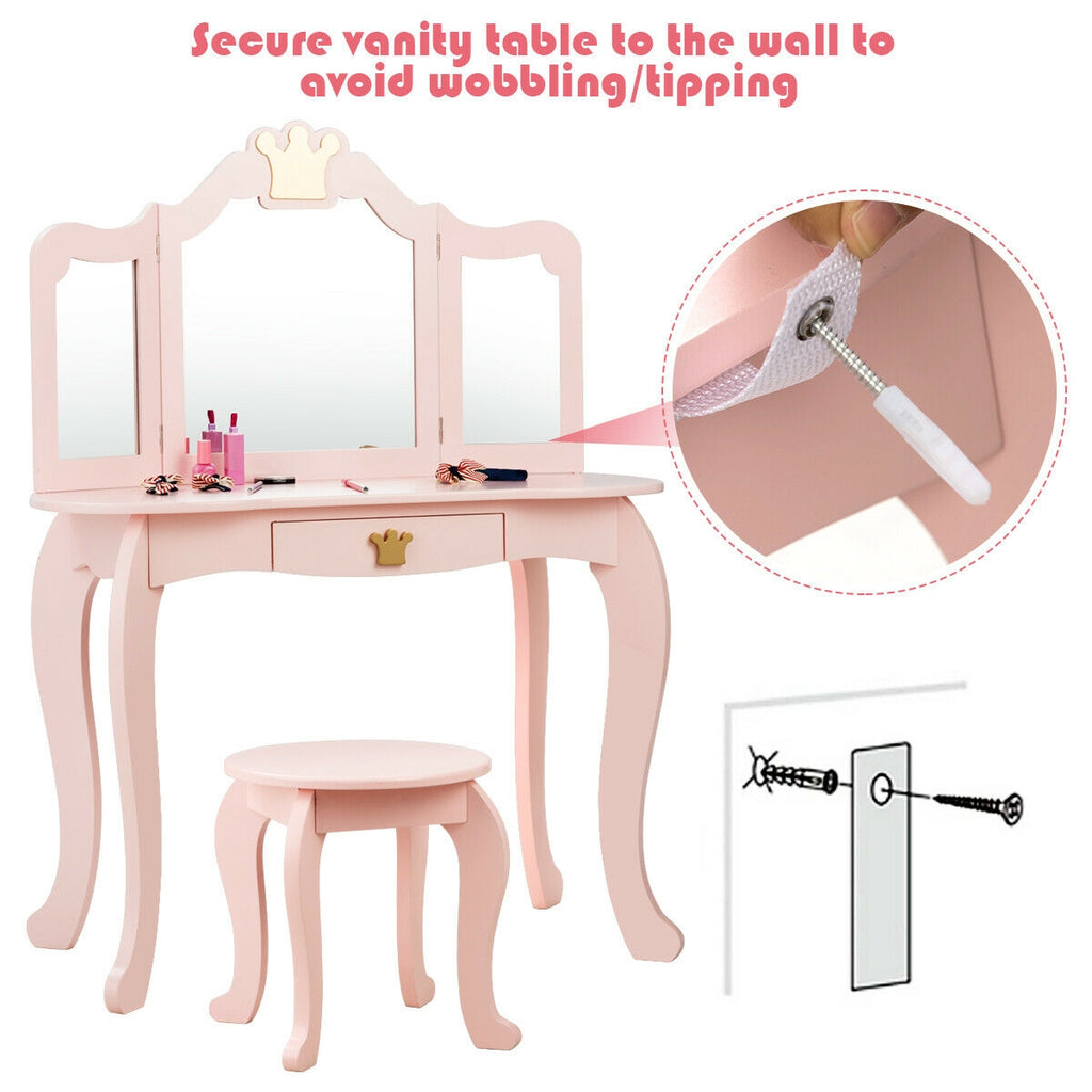 Kids Makeup Dressing Table with Tri-Fold Mirror & Stool - Pink - Costway