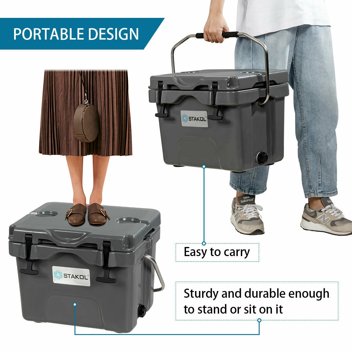 16 QT Portable Insulated Ice Cooler with Cup Holders - Gray