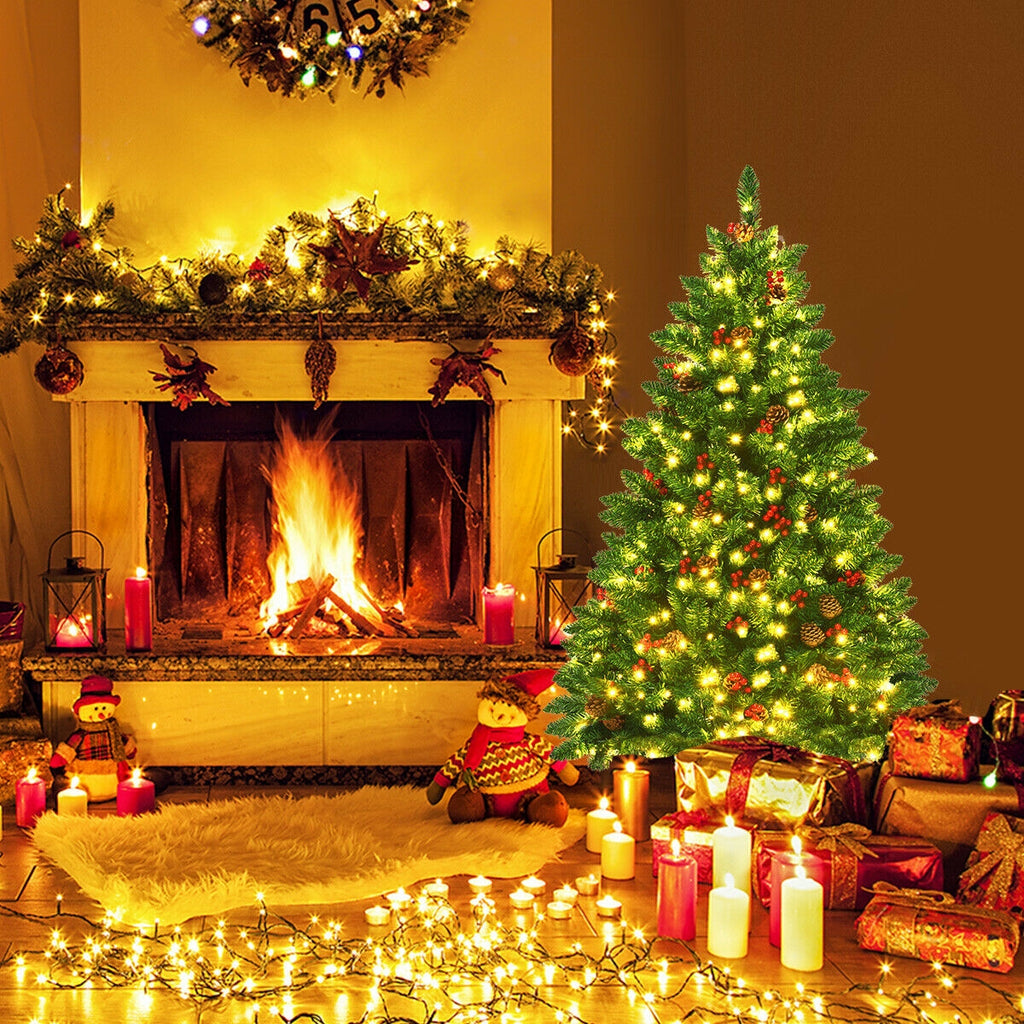 4.5 Feet Pre-Lit Hinged Christmas Tree with 300 LED Lights and Pine Cone Decor