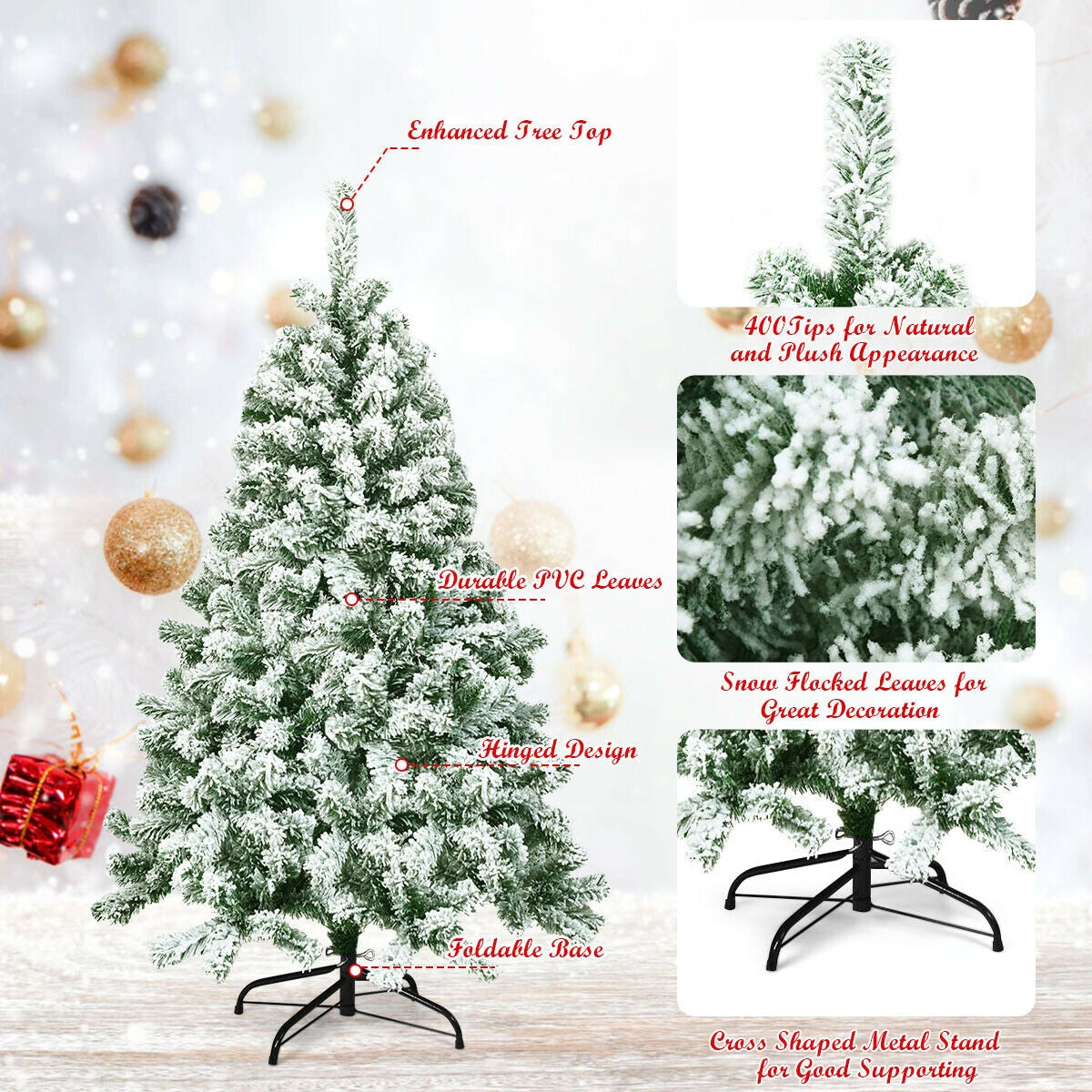 Artificial Christmas Tree 4.5 Ft Snow Flocked with 400 Tips - Full, Easy Setup