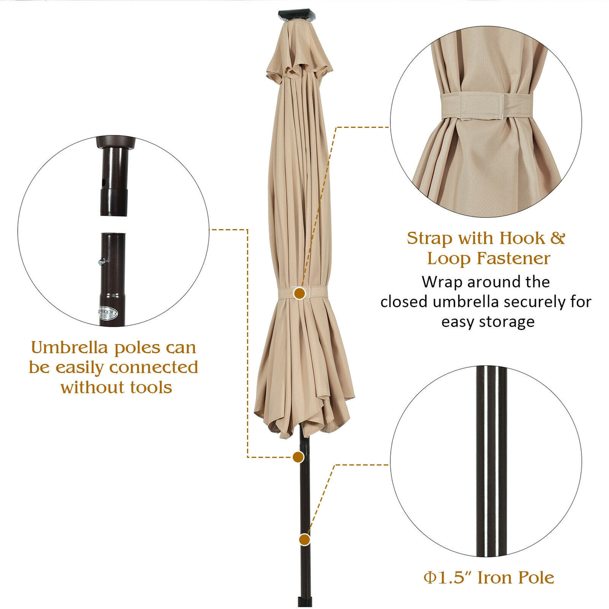 10 Ft Solar Patio Umbrella with 24 LED Lights - Beige