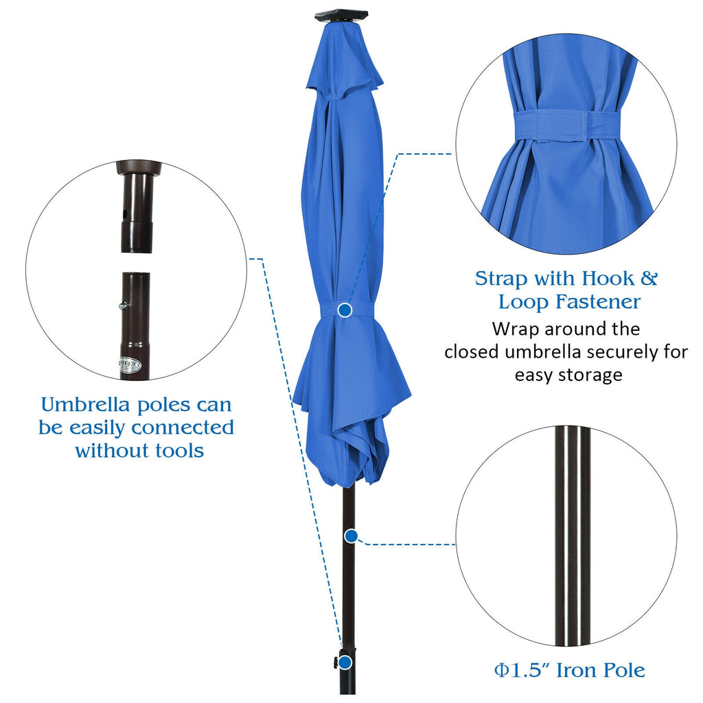 9x8 Solar LED Market Umbrella with Tilt - 18 Lights, Blue
