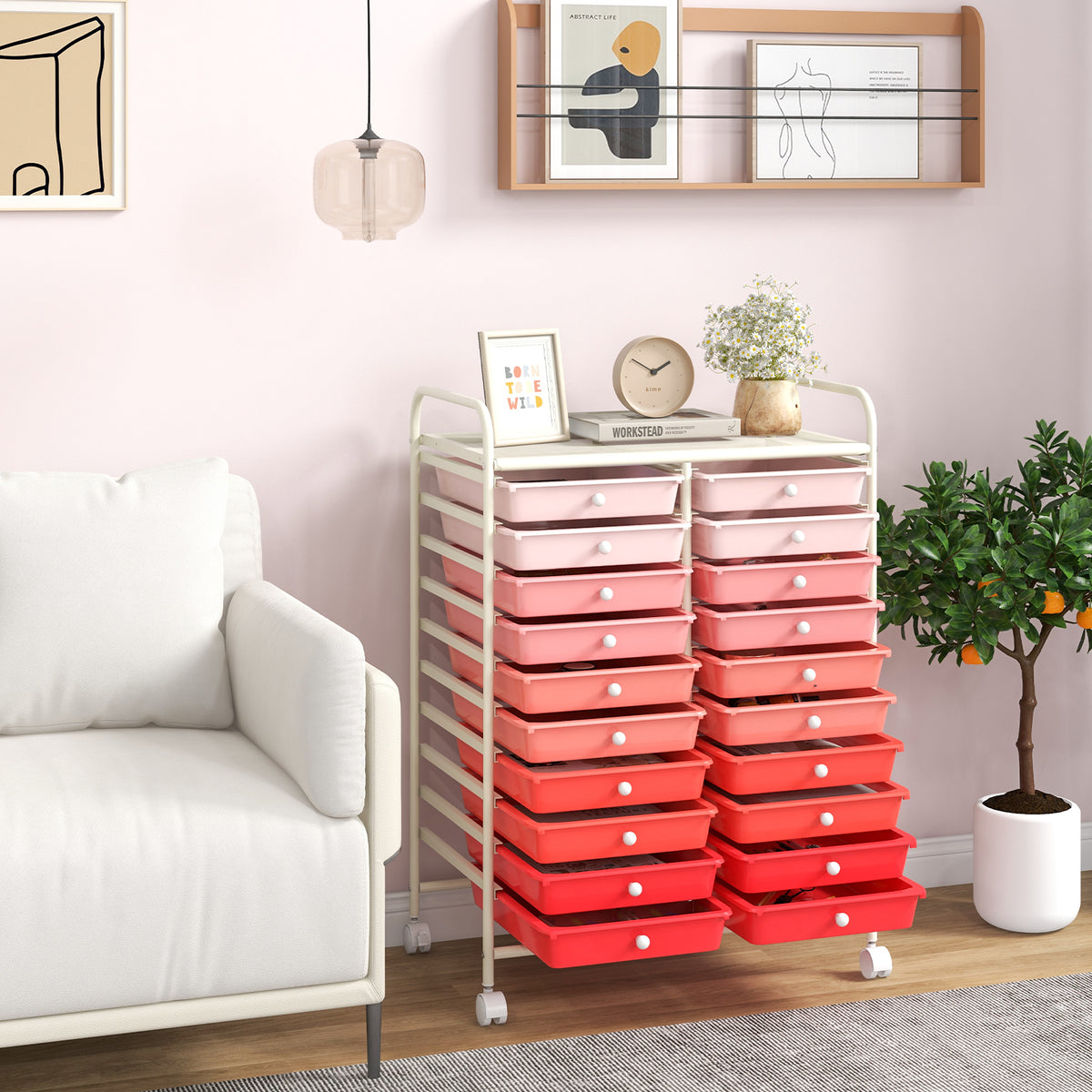 20-Drawer Rolling Storage Cart, Gradient Pink