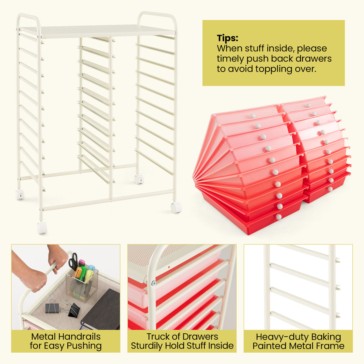 20-Drawer Rolling Storage Cart, Gradient Pink