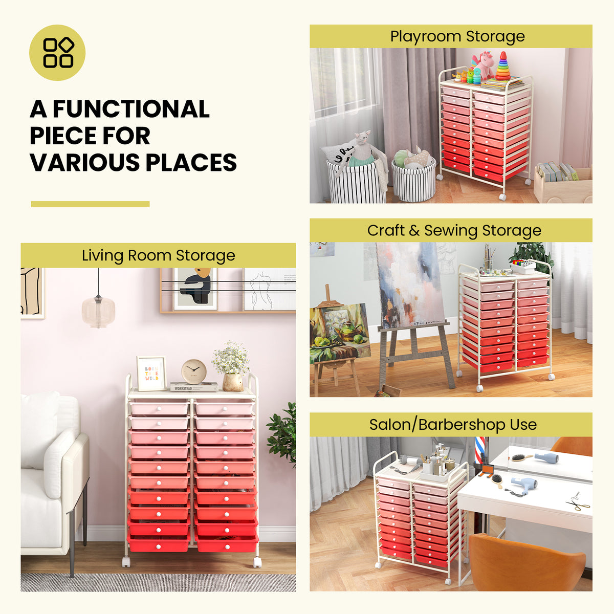 20-Drawer Rolling Storage Cart, Gradient Pink