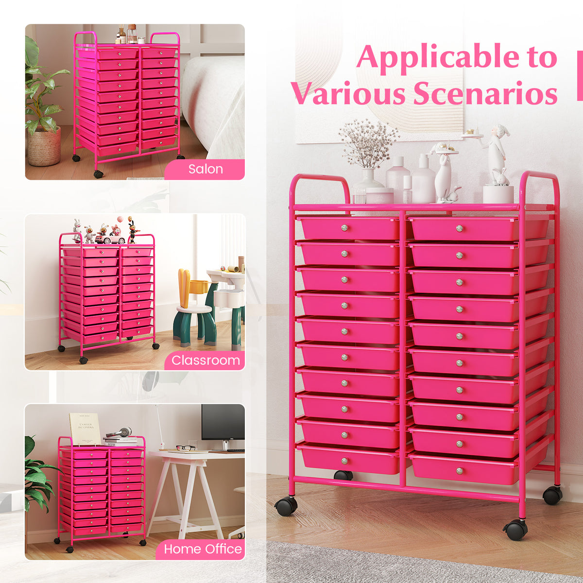 20-Drawer Rolling Storage Cart, Pink