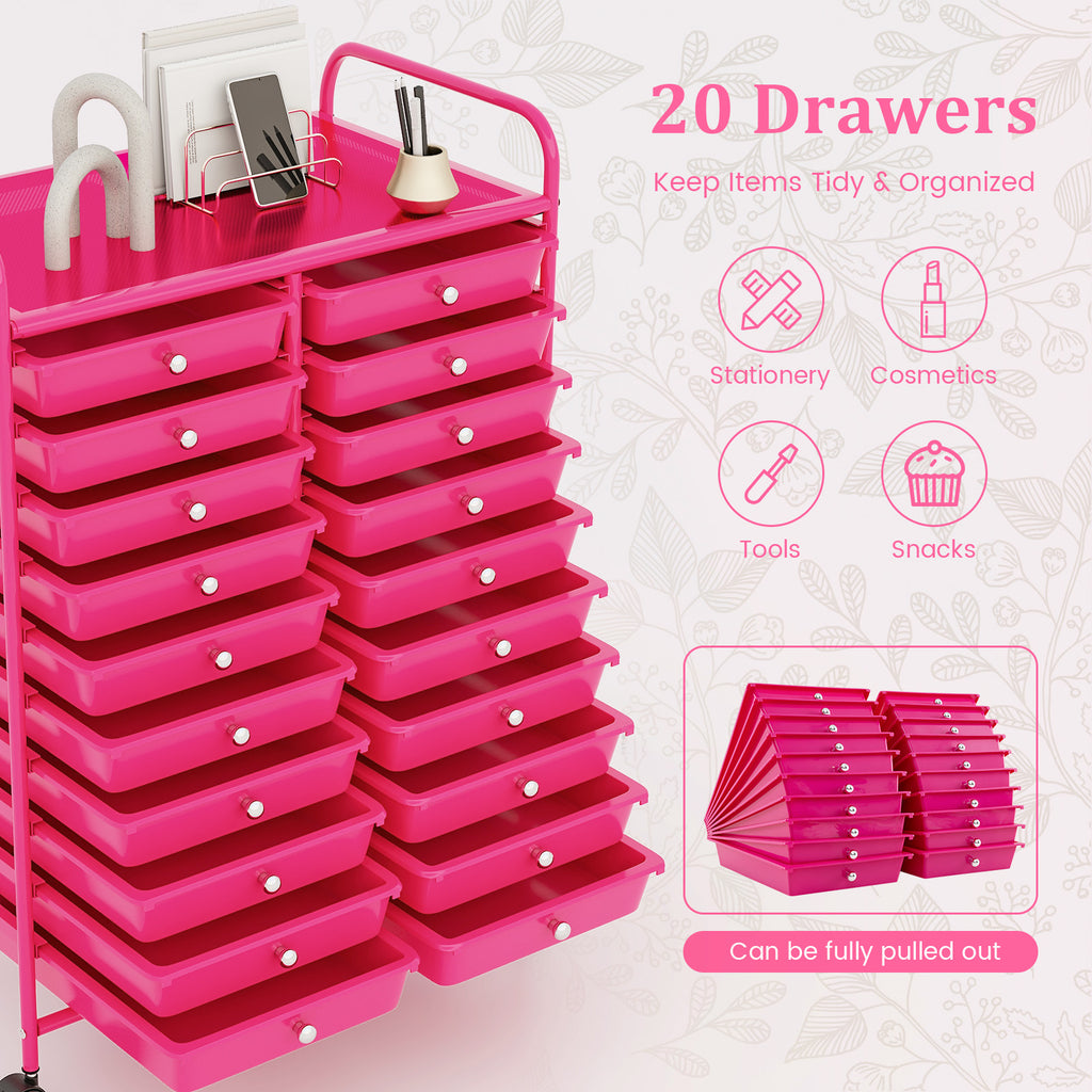 20-Drawer Rolling Storage Cart, Pink