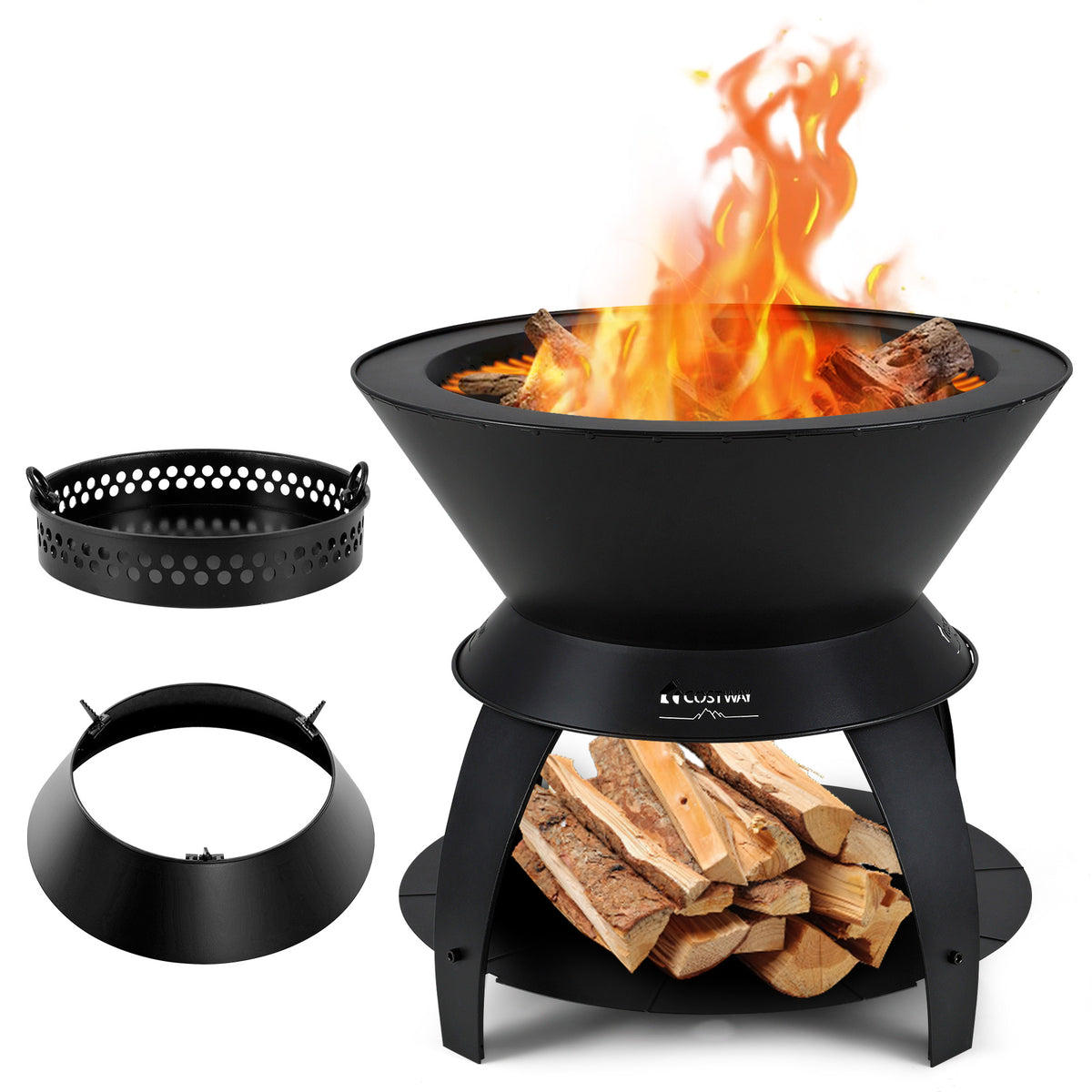 20 Inch Fire Pit Bowl with Pot Holder and Storage Shelf - Black