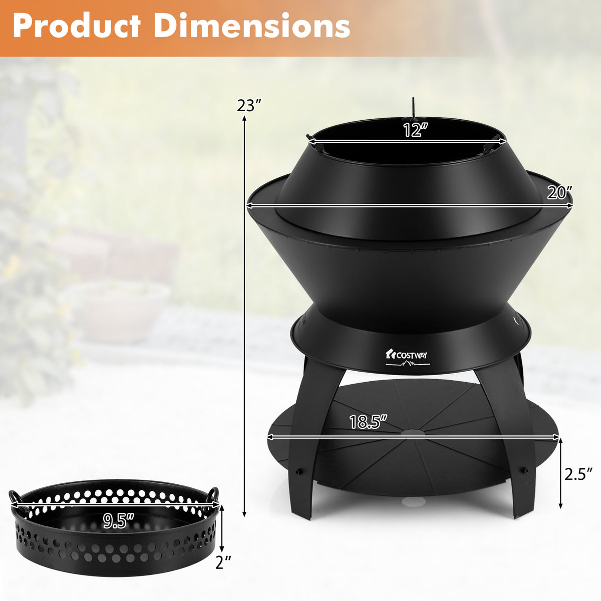 20 Inch Fire Pit Bowl with Pot Holder and Storage Shelf - Black