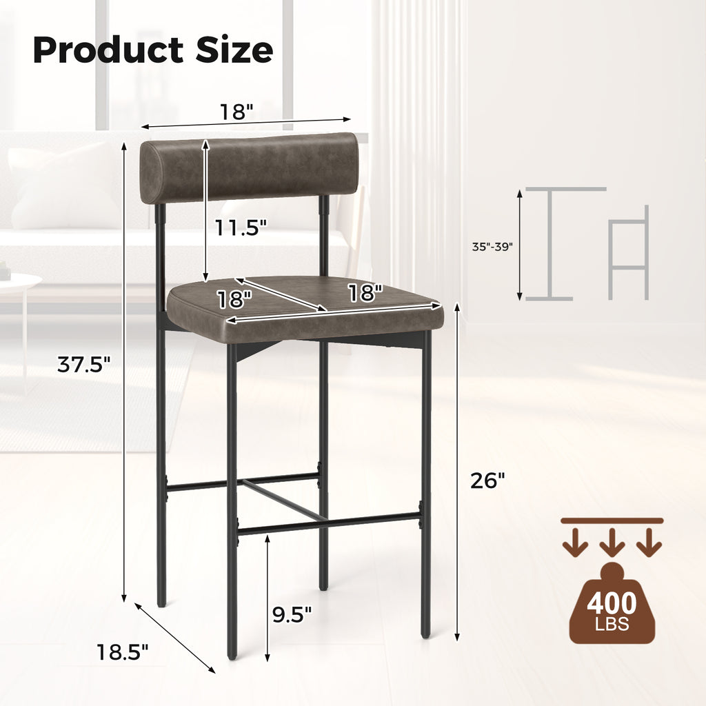 26 Inch Counter Height Bar Stools Set of 2 with Backrest – Gray