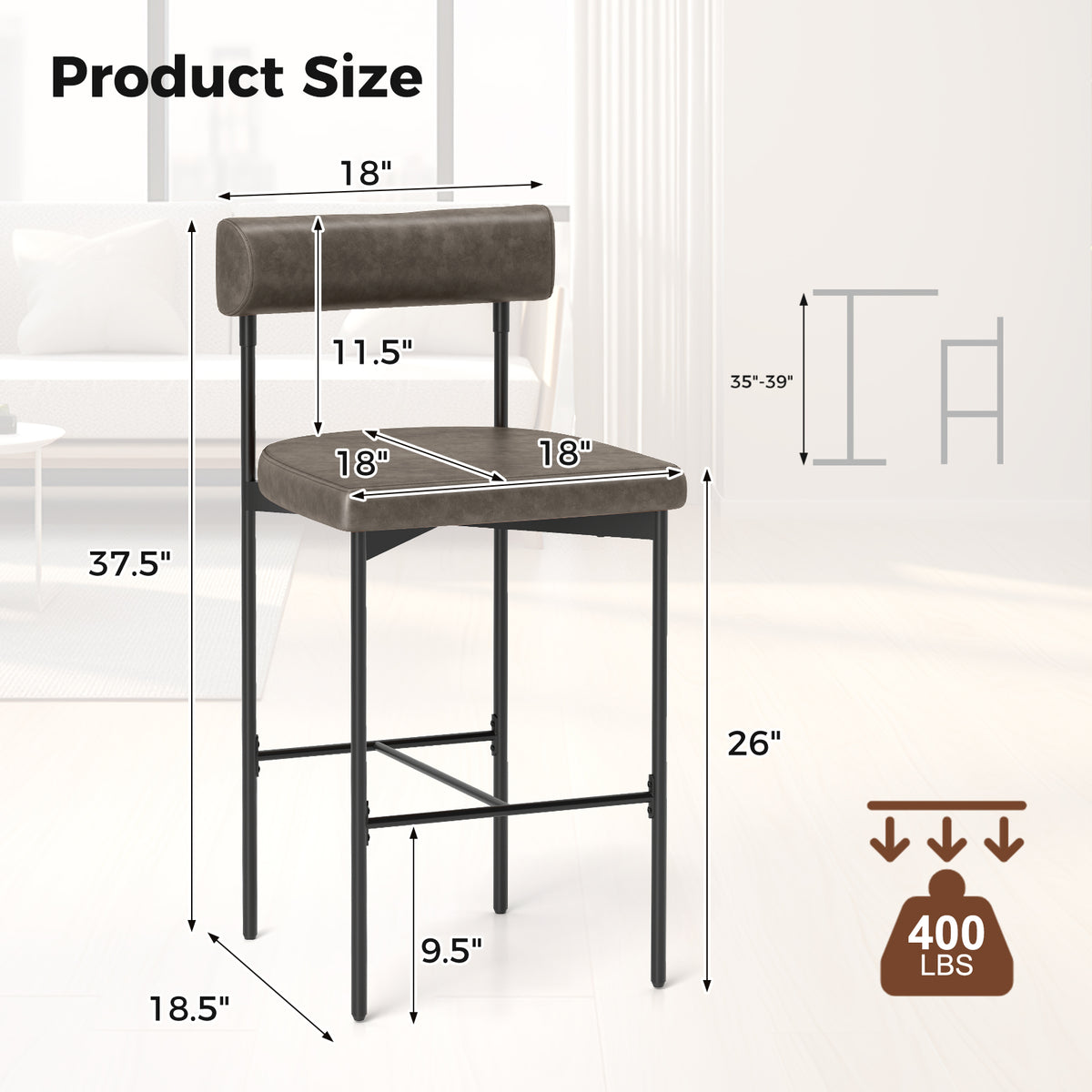 26 Inch Counter Height Bar Stools Set of 2 with Backrest – Gray