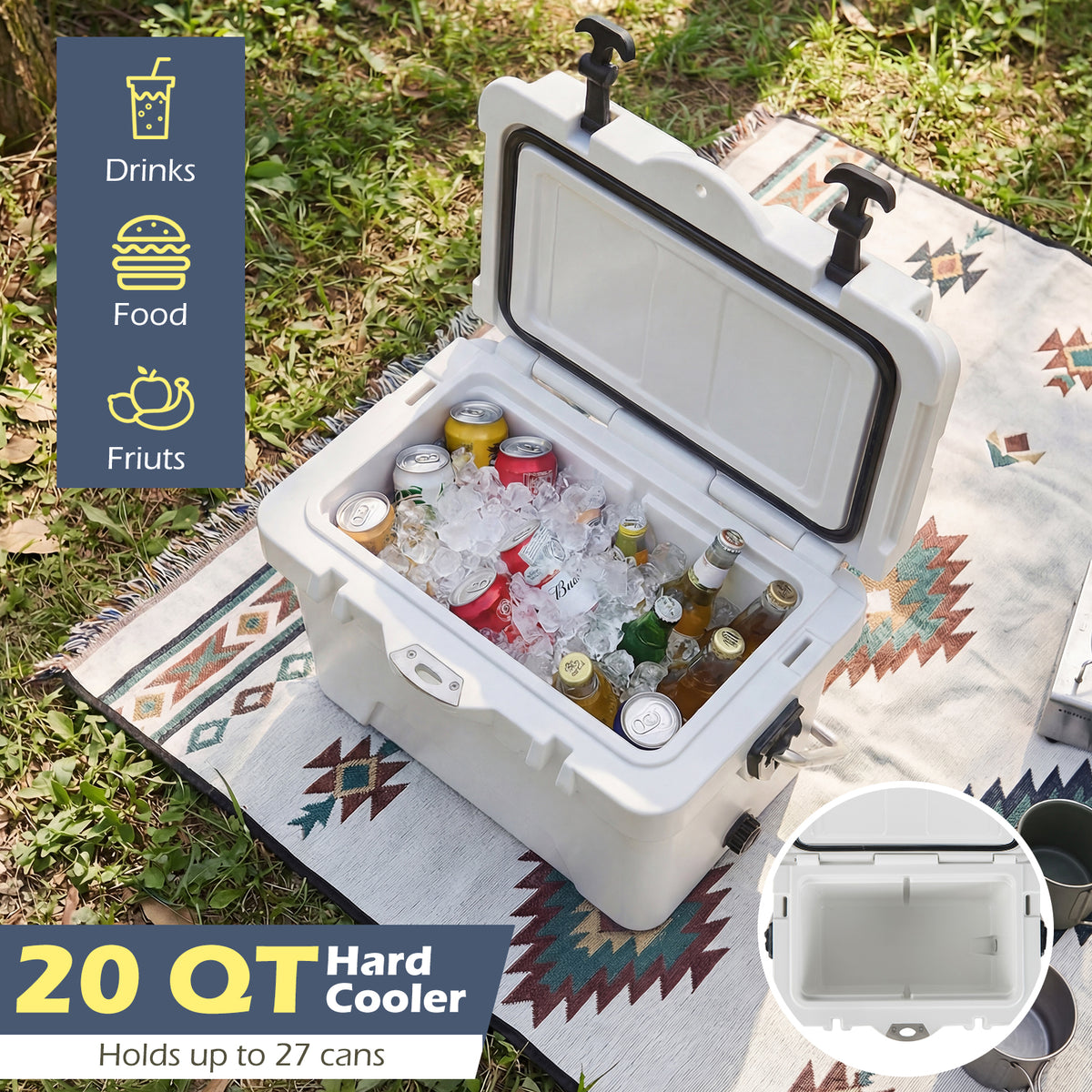20 Quart Portable Hard Cooler with Ruler & Bottle Opener - White