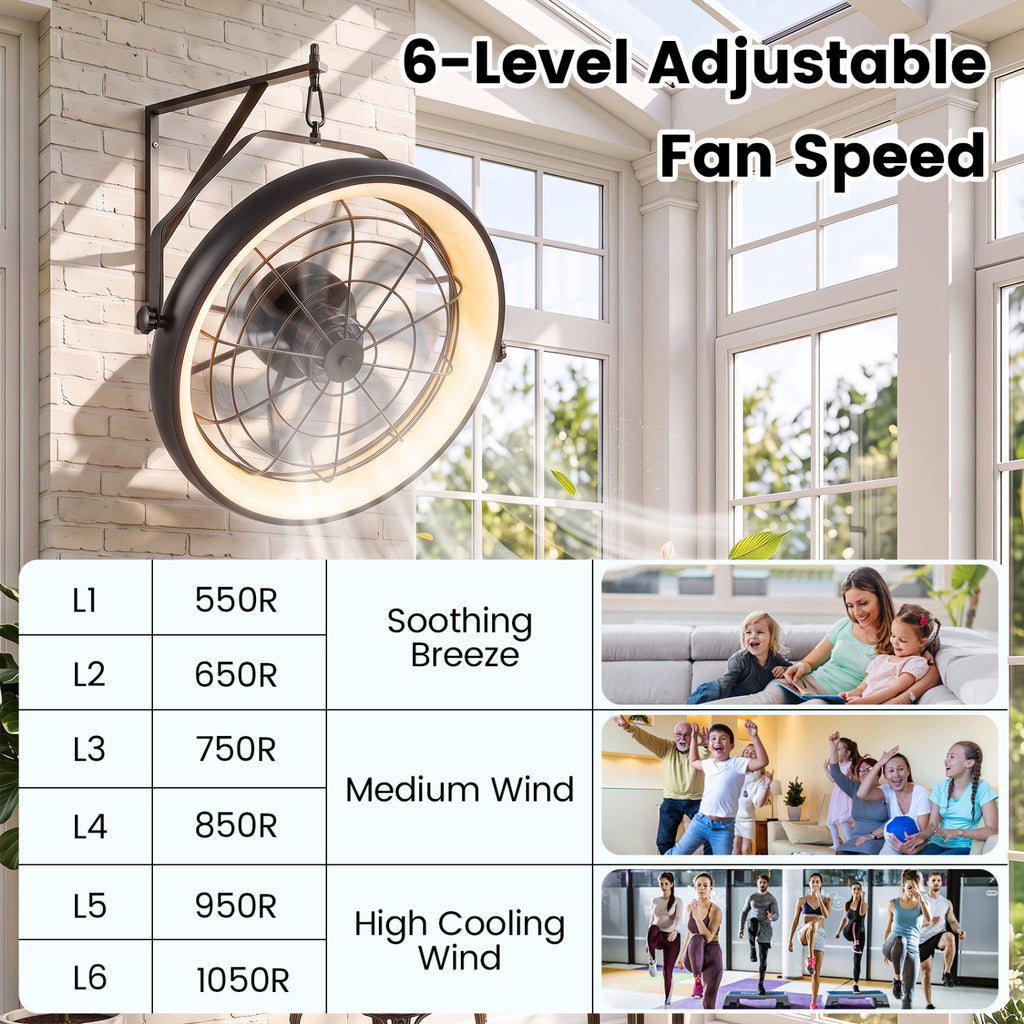 Black 20-Inch Wall Mounted Fan with Dimmable LED Light & 6 Speeds - Style 2