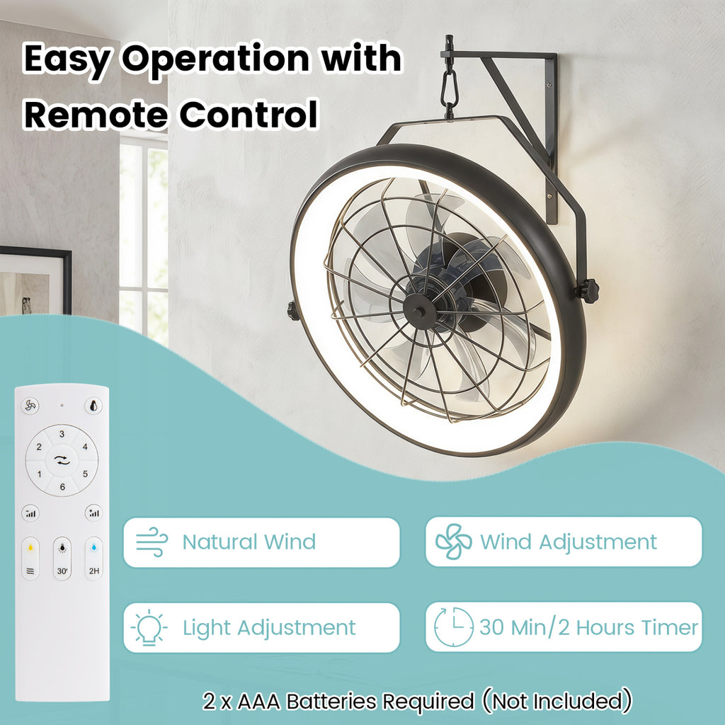 Black 20-Inch Wall Mounted Fan with Dimmable LED Light & 6 Speeds - Style 2