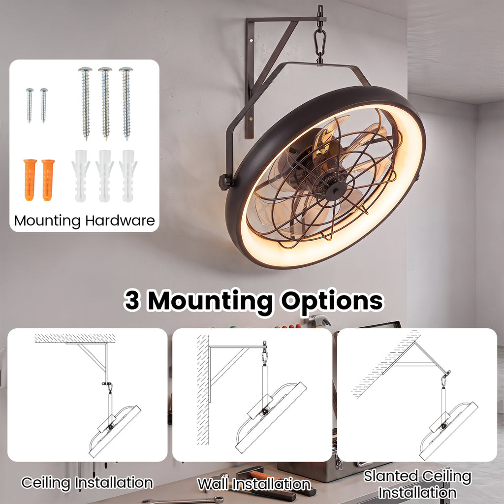 Black 20-Inch Wall Mounted Fan with Dimmable LED Light & 6 Speeds - Style 2