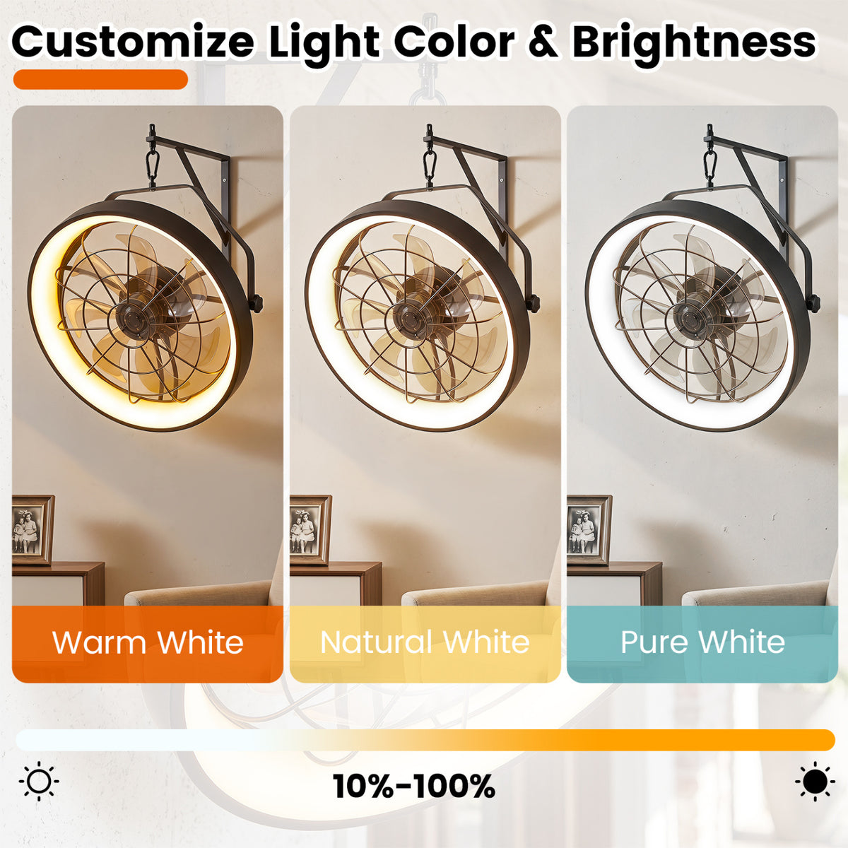 Wall Mounted Fan with Dimmable 3CCT LED Light & Timer - Style 1 Black