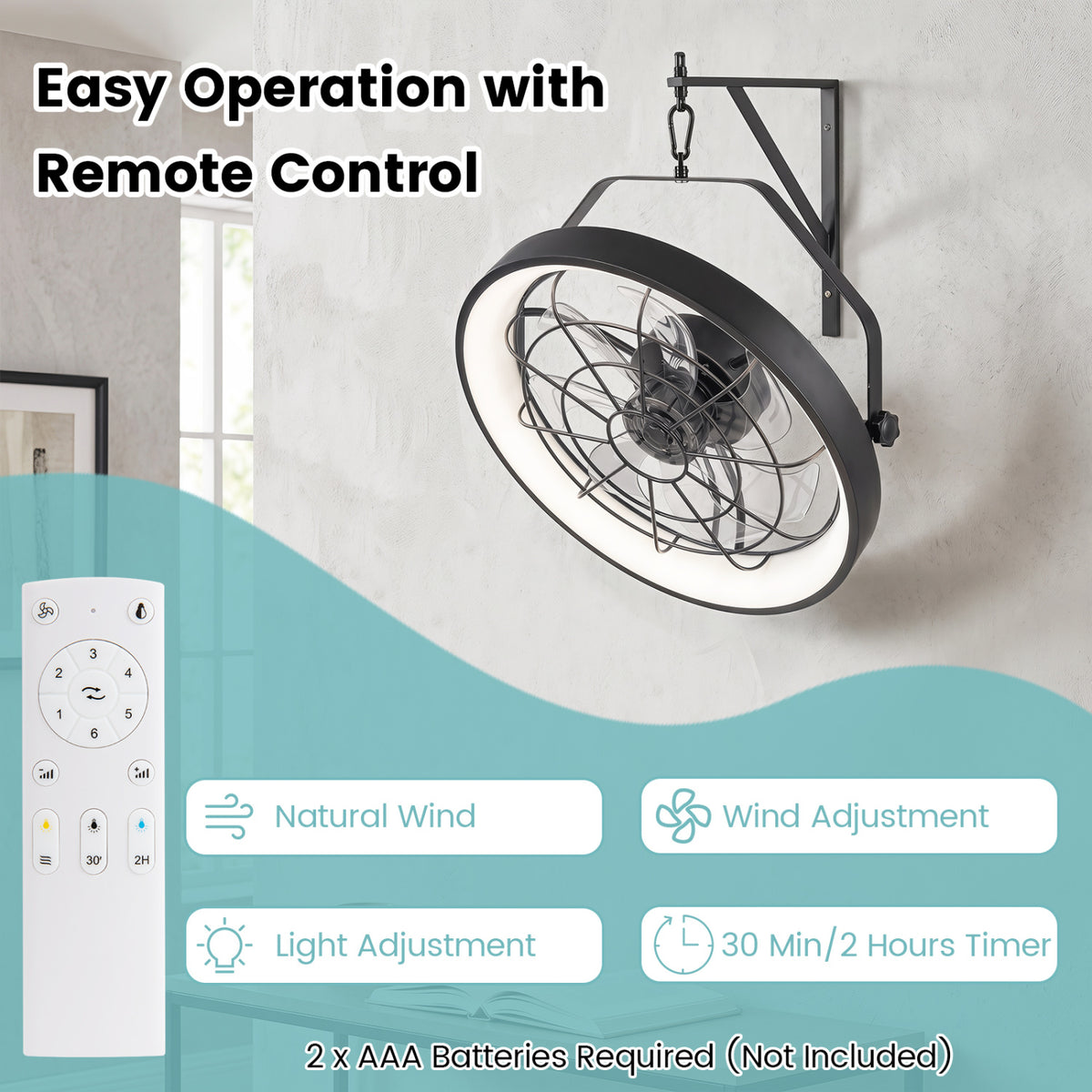 Wall Mounted Fan with Dimmable 3CCT LED Light & Timer - Style 1 Black