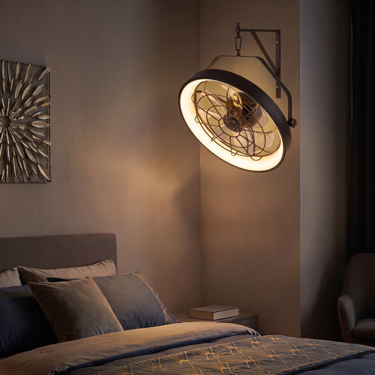 Wall Mounted Fan with Dimmable 3CCT LED Light & Timer - Style 1 Black