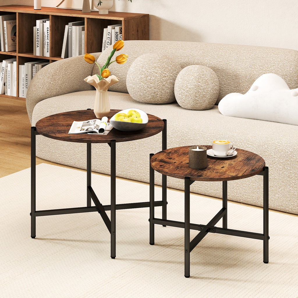 Round Coffee Table Set of 2, White Cross Frame